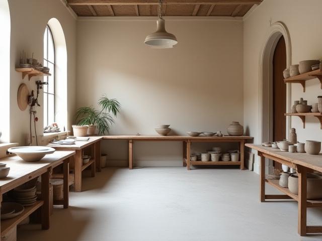 Freies Arbeiten: Ein ruhiger und inspirierender Werkstattraum mit verschiedenen fertigen Keramikstücken und Werkzeugen
