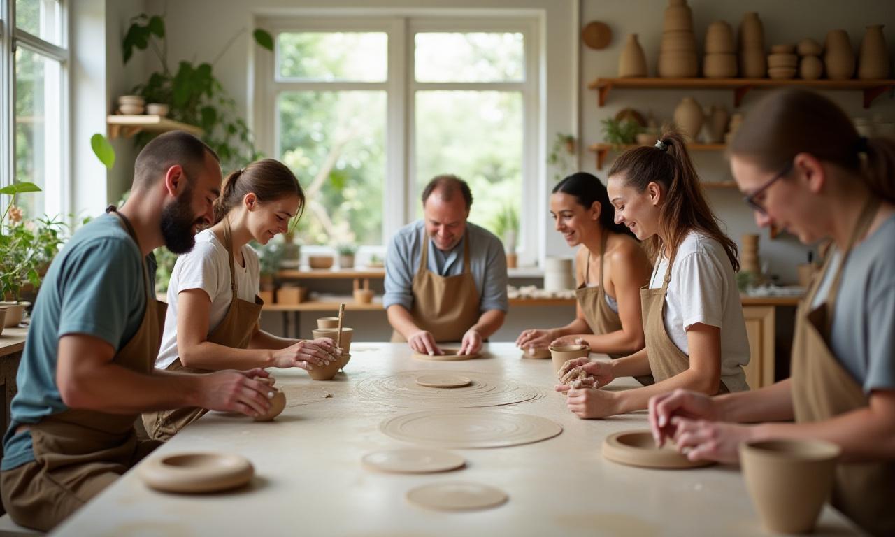 Teilnehmer freuen sich bei einem Töpferkurs in einem hellen Atelier.